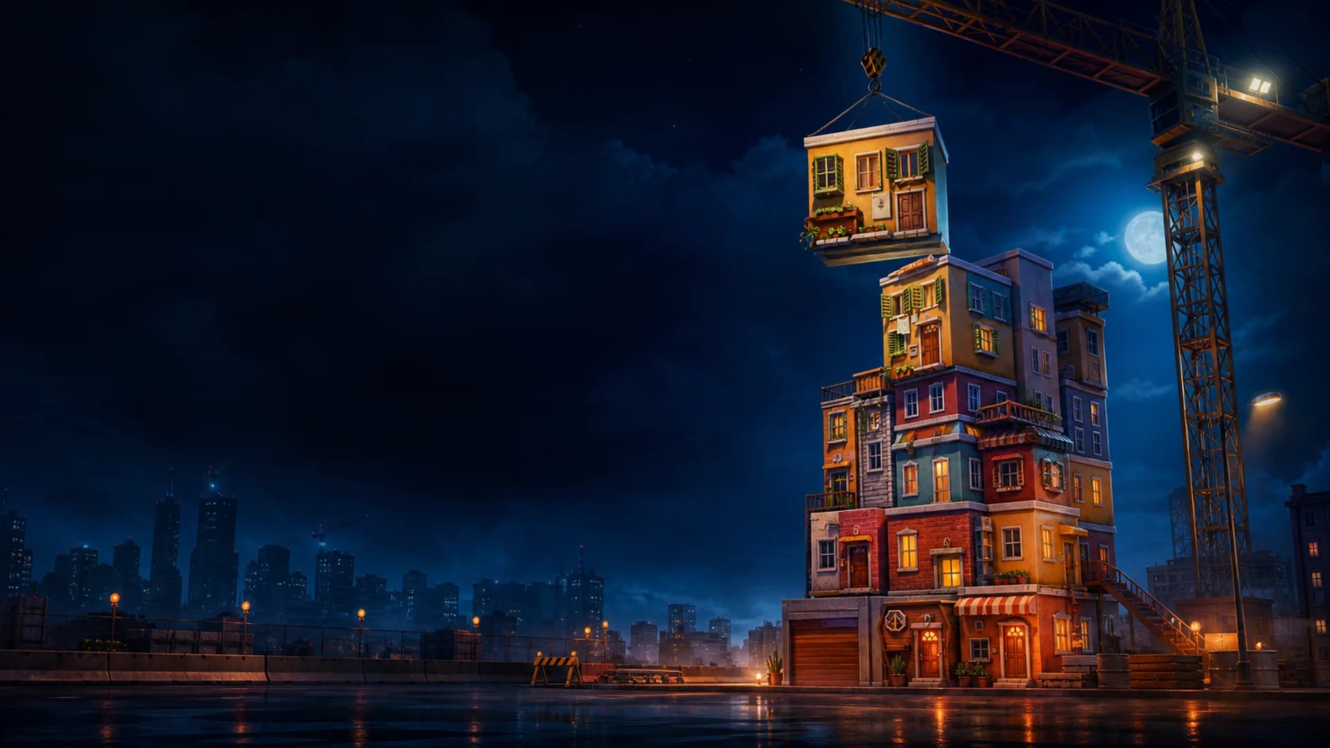Nighttime Tower Rush construction scene with a crane lowering an apartment floor